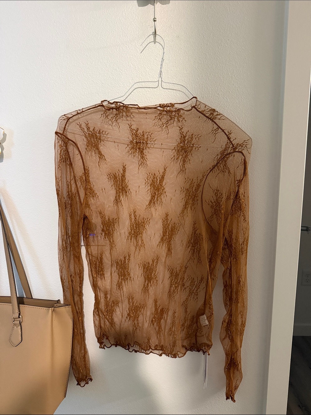 Women's Sheer Long-Sleeve Mesh Top in Brown and White